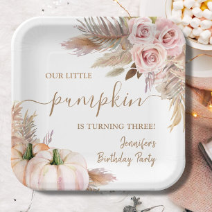 Pumpkins Watercolor Boho Girls Fall 3rd Birthday Paper Plates