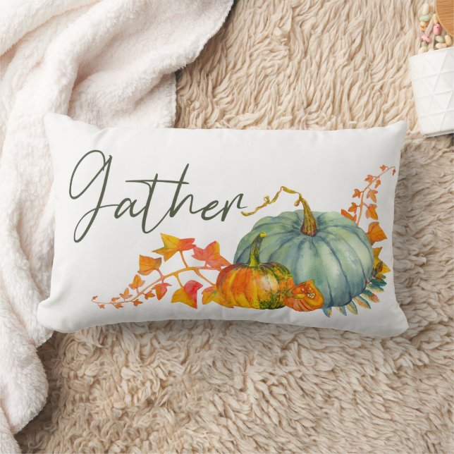 Pumpkins Watercolor Gather Family Name Fall Lumbar Pillow (Blanket)