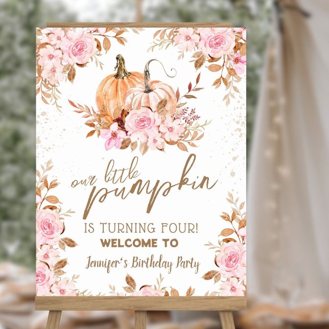 Pumpkins Watercolor Pink Girl 4th Birthday Welcome Foam Board (Creator Uploaded)