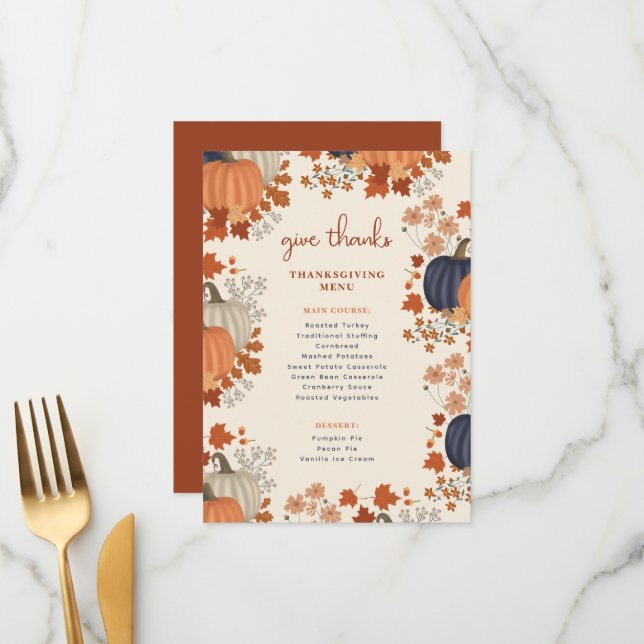 Pumpkins Wildflowers Thanksgiving Dinner Menu (Front/Back In Situ)