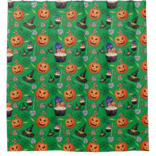 Pumpkins Witch Hats Ghost Spooky Halloween Pattern Shower Curtain
