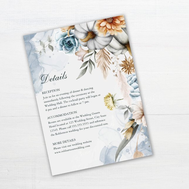 Pumpkins with Wildflowers Wedding Details Card (Pumpkins with Wildflowers Wedding Details Card on wooden table.)