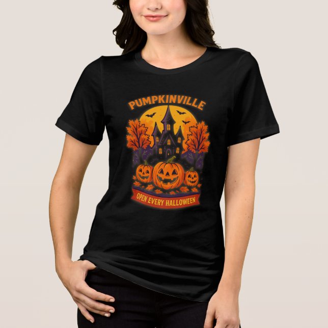 Pumpkinville Haunted House Spooky Fall Tri-Blend Shirt (Front)