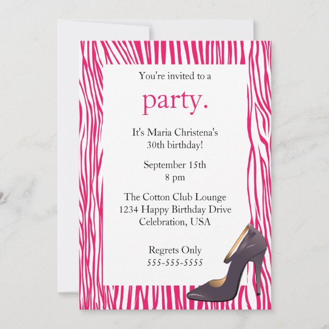 Pumps and Zebra Ladies Night Out Invitation (Pink) (Front)