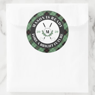 Pun Green Plaid Golf Themed Graduation Classic Round Sticker