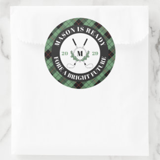 Pun Green Plaid Golf Themed Graduation  Classic Round Sticker