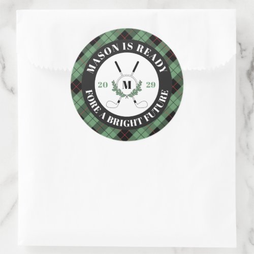 Pun Green Plaid Golf Themed Graduation  Classic Round Sticker