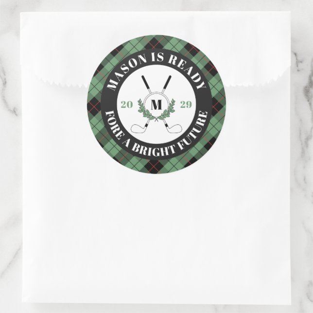 Pun Green Plaid Golf Themed Graduation  Classic Round Sticker (Bag)