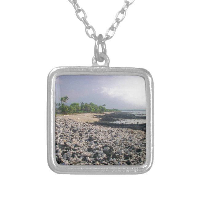 Punaluʻu Black Sand Beach Hawaii Big Island Square Silver Plated Necklace (Front)