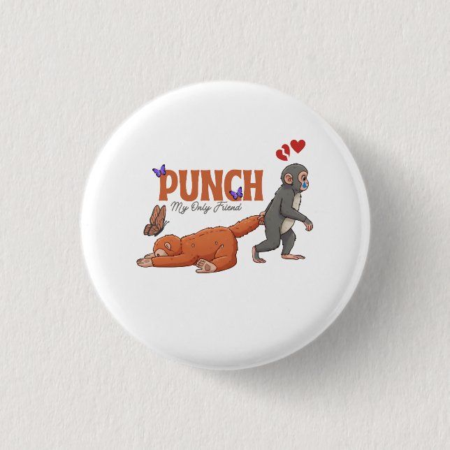 ‏Punch‑kun & Plush Monkey – Kawaii for Kids Button (Front)