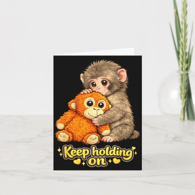 Punch monkey with teddy bear cuddling keep holding card (Front)