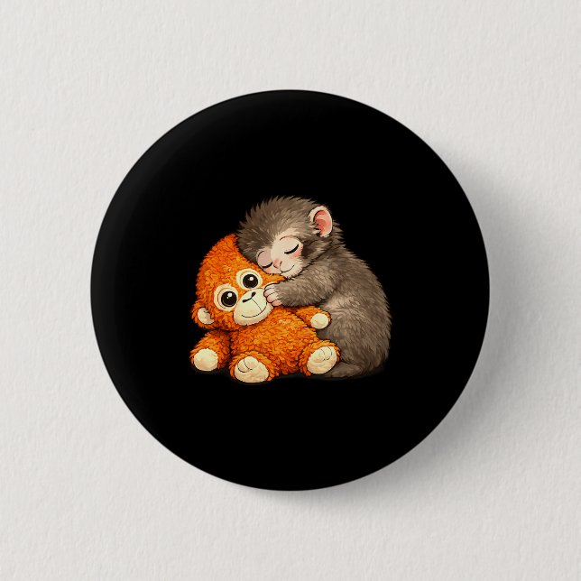 Punch the monkey cuddling stuffed animal meme button (Front)
