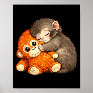 Punch the monkey cuddling stuffed animal meme poster