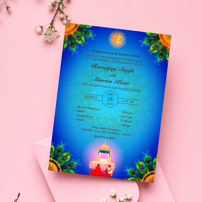 Punjabi Sikh Wedding Anand Karaj Peacock Feather Invitation (Creator Uploaded)
