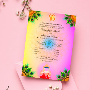Punjabi Sikh Wedding Anand Karaj Peacock Feather Invitation