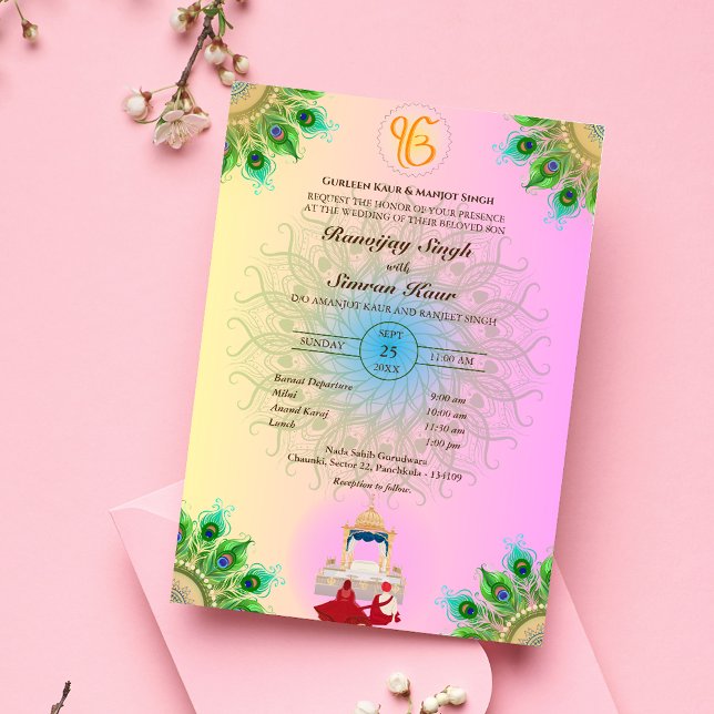 Punjabi Sikh Wedding Anand Karaj Peacock Feather Invitation (Creator Uploaded)
