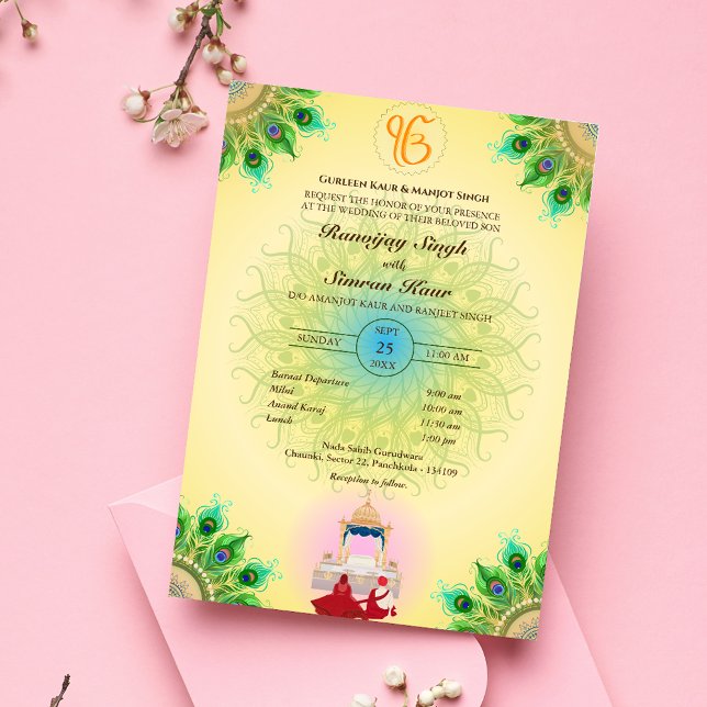 Punjabi Sikh Wedding Anand Karaj Peacock Feather Invitation (Creator Uploaded)