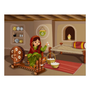 Punjabi Woman Spinnig Charkha - Rural Lifestyle Poster