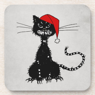 Punk Christmas: Ragged Cat with Santa Hat Goth Beverage Coaster