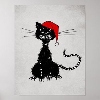 Punk Christmas: Ragged Cat with Santa Hat Goth Poster