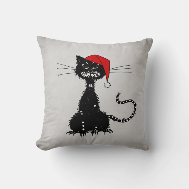 Punk Christmas: Ragged Cat with Santa Hat Goth Throw Pillow (Front)