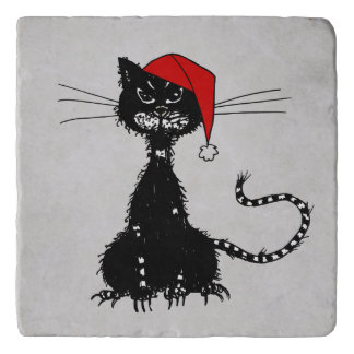 Punk Christmas: Ragged Cat with Santa Hat Goth Trivet