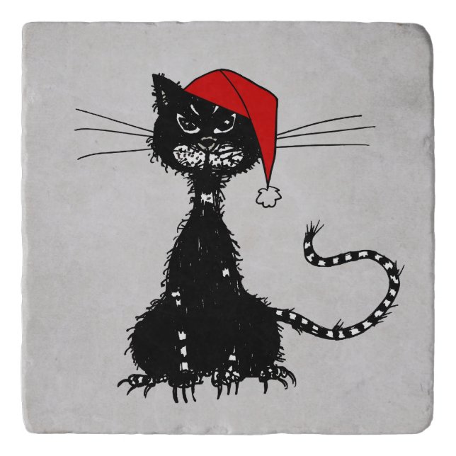 Punk Christmas: Ragged Cat with Santa Hat Goth Trivet (Front)