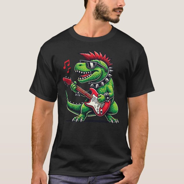 Punk Dinosaur Rock'n Roll Goth Dino Lover Guitar B T-Shirt (Front)