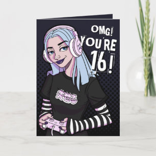 Punk Gamer Teen Girl Black 16th Birthday Card