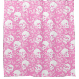 Punk girly Gothic pink skulls & foliage Halloween Shower Curtain