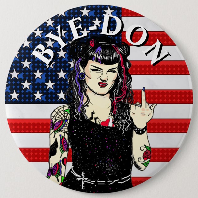Punk Gothic Girl Flipping the Bird BYE-DON Button (Front)
