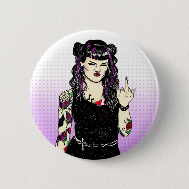 Punk Gothic Girl Flipping the Bird Hand Drawn Button (Front)