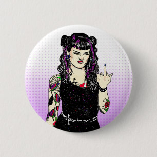Punk Gothic Girl Flipping the Bird Hand Drawn Button