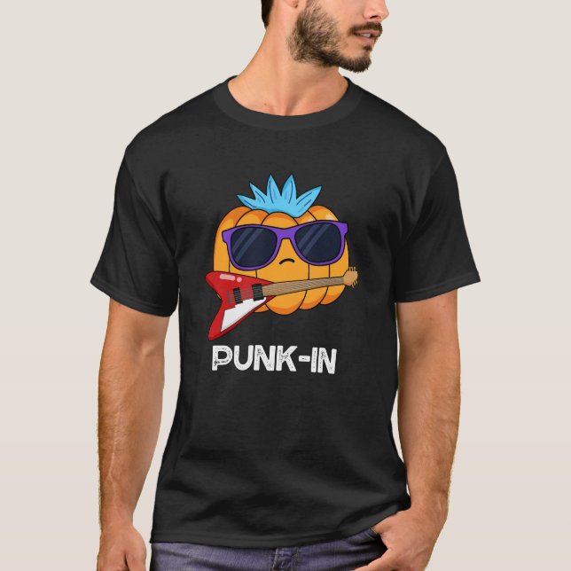 Punk-in Funny Punk Rock Pumpkin Pun Dark BG T-Shirt (Front)