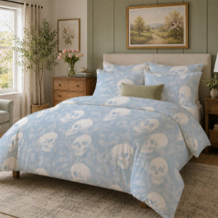 Punk pastel blue Gothic skulls & foliage Halloween Duvet Cover