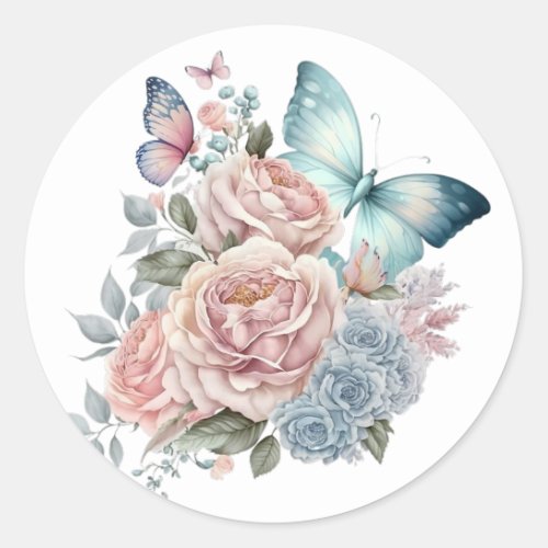 Punk Peonies and Dusty Blue Butterflies Wedding Classic Round Sticker