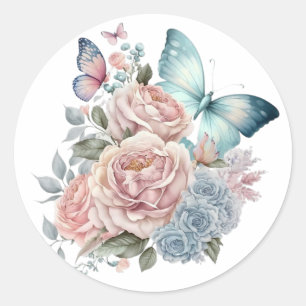 Punk Peonies and Dusty Blue Butterflies Wedding Classic Round Sticker