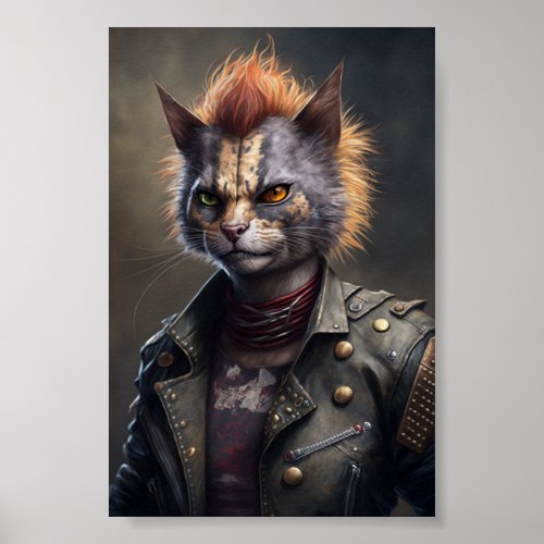 Punk Rock Cat Portrait Animal Cat Ilustration Poster
