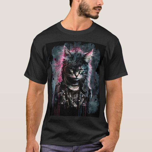 Punk Rock Cat with Pink Hair and Leather Jacket T-Shirt (Front)