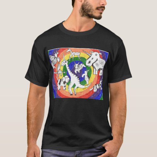 Punk Rock Design 24 Unicorns in Color on Black T_Shirt