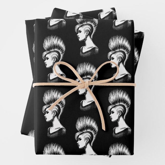 Punk Rock Girl with Mohawk Hairstyle Fashion Wrapping Paper Sheets (In situ)