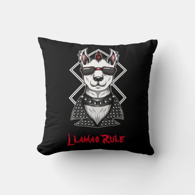 Punk Rock Llamas Rule Throw Pillow (Front)