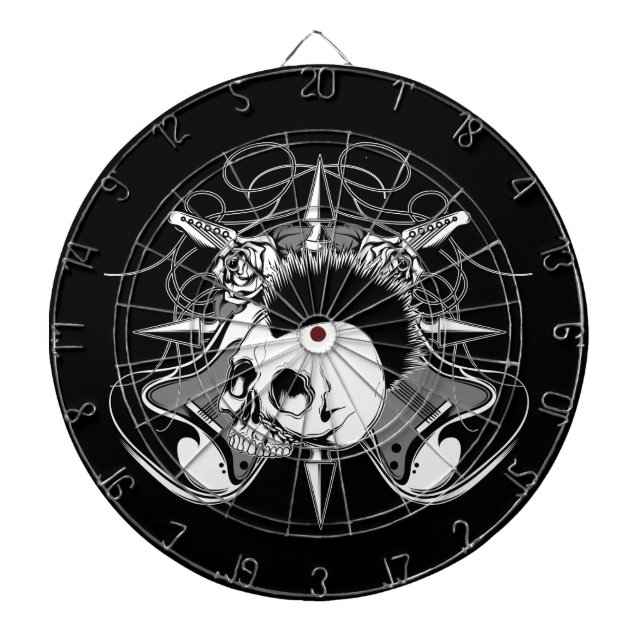 Punk Rock Mohawk Skull Roses Guitars Spikes Dartboard With Darts (Front)