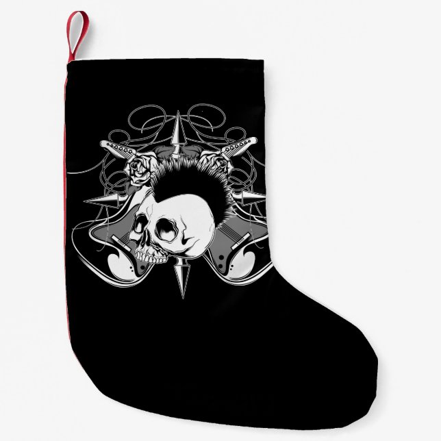 Punk Rock Mohawk Skull Roses Guitars Spikes Small Christmas Stocking (Front)