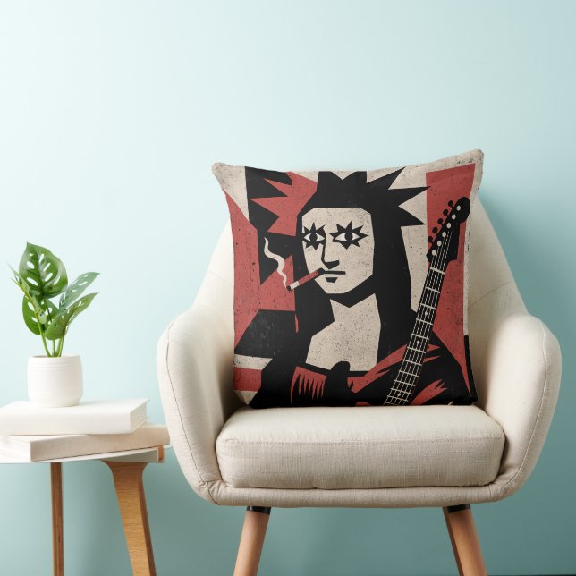 Punk Rock Mona Lisa Guitar Art Throw Pillow (Chair)