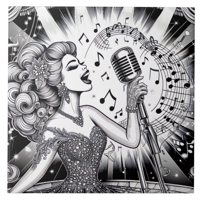 Punk Rock Rockabilly Retro Glam Black & White Ceramic Tile (Front)