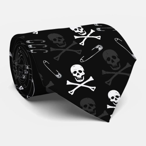 Punk Rock Skulls and Safety Pins Pattern Neck Tie