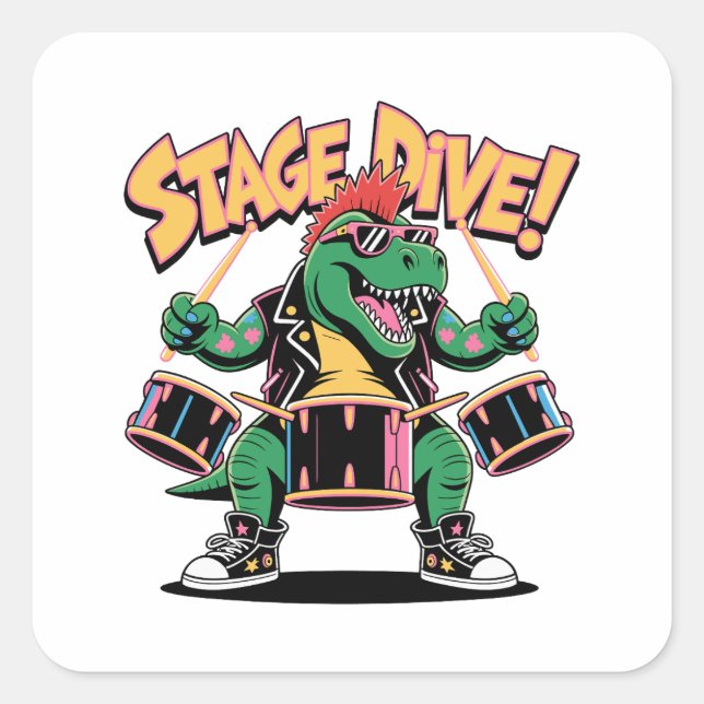 Punk Rock T-Rex Dinosaur Drummer - Funny Music Square Sticker (Front)