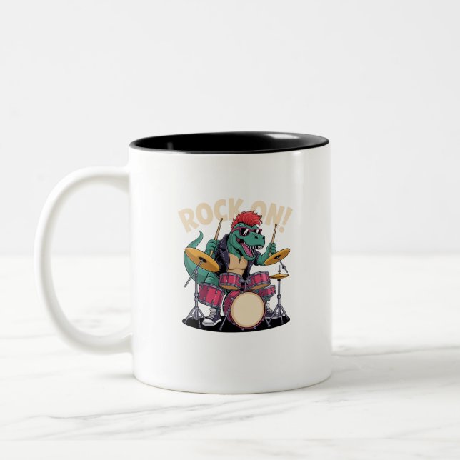 Punk Rock T-Rex Dinosaur Drummer - Percussion Two-Tone Coffee Mug (Left)