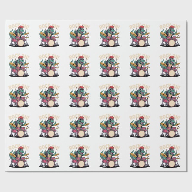 Punk Rock T-Rex Dinosaur Drummer - Percussion Wrapping Paper (Flat)